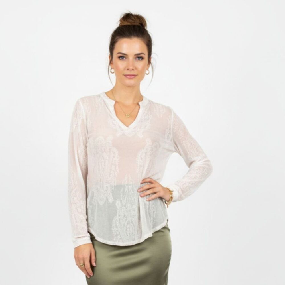 XCVI Ivory Cream Embroidered Long Sleeve Boho Peasant Vβ Neck Blouse Top M